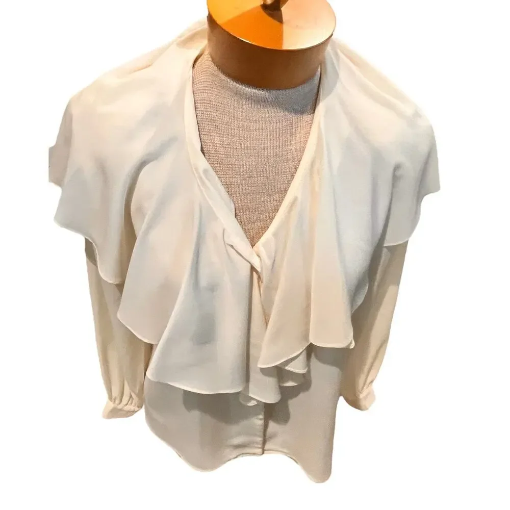 Vintage Size 8/S/M? Petite Sophisticate Womens Ruffled Blouse Ivory Long Sleeve - Picture 4 of 9